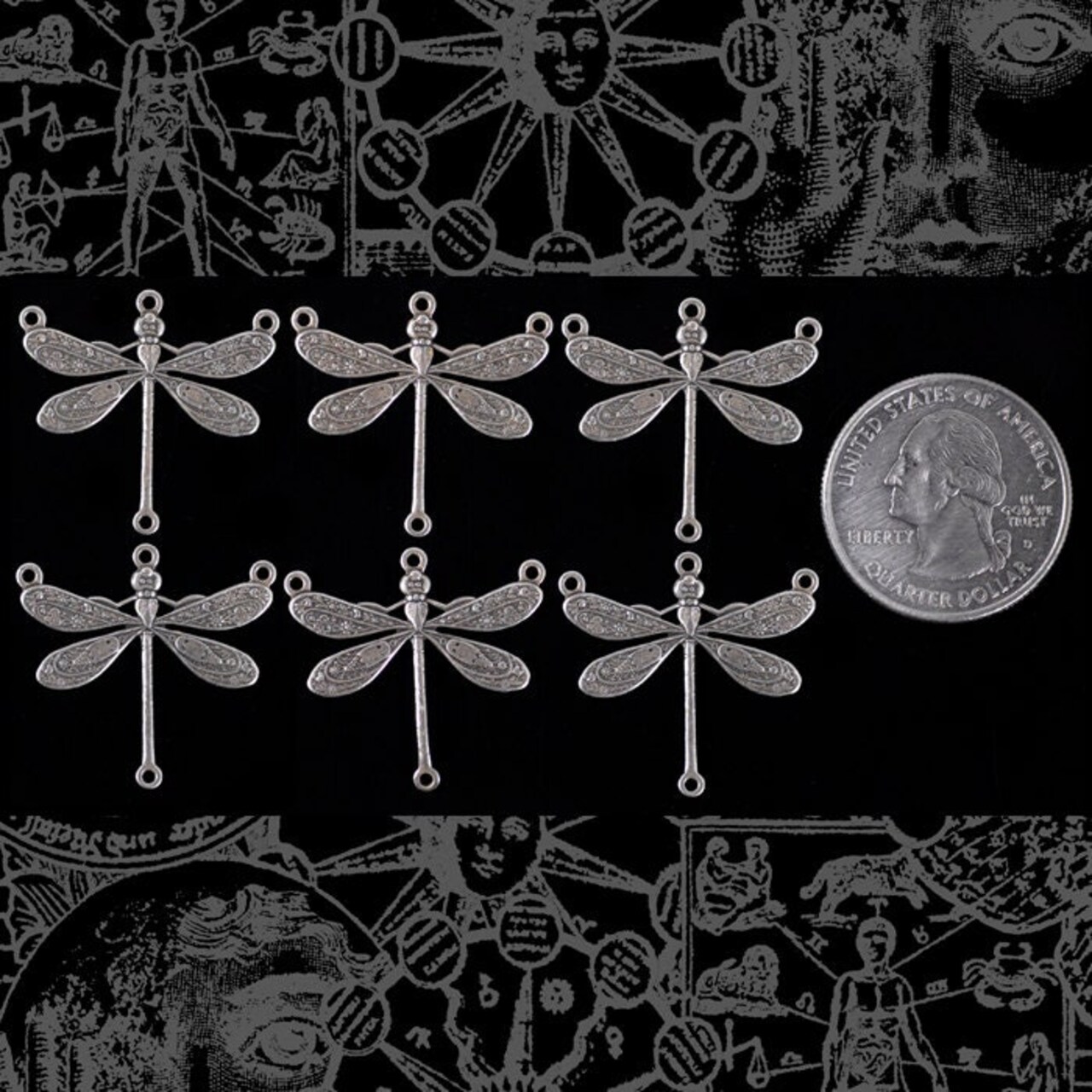 Antiqued Silver Plated Brass Dragonfly Four Ring Connectors - Set of Six- S-4C06